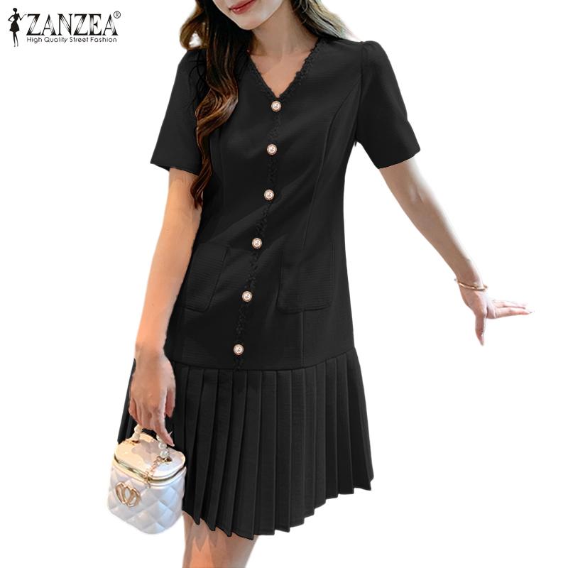 ZANZEA Women Summer Casual V-Neck Solid Color Short Sleeve Dress