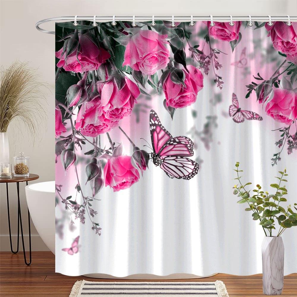 1 Elegant Pink Rose and Butterfly Shower Curtain, Soft Gradient Background, Polyester Fabric, with Hooks, Machine Washable
