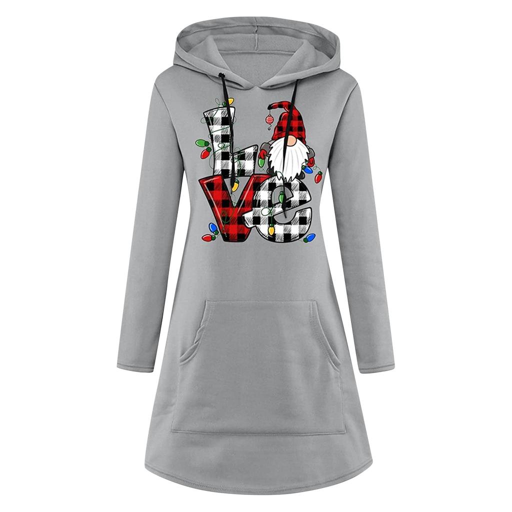 Modisches, lässiges Damen-Pullover-Kleid mit Weihnachtsmotiv, langärmelig und mit Kapuze