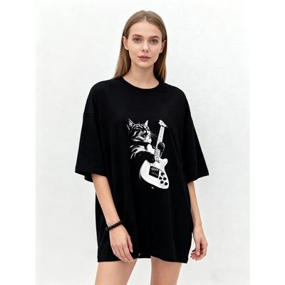 Übergroßes T-Shirt Schwarze Katze spielt E-Gitarre Druck Lässig Streetwear Mode Top für Damen Sommer Outfit