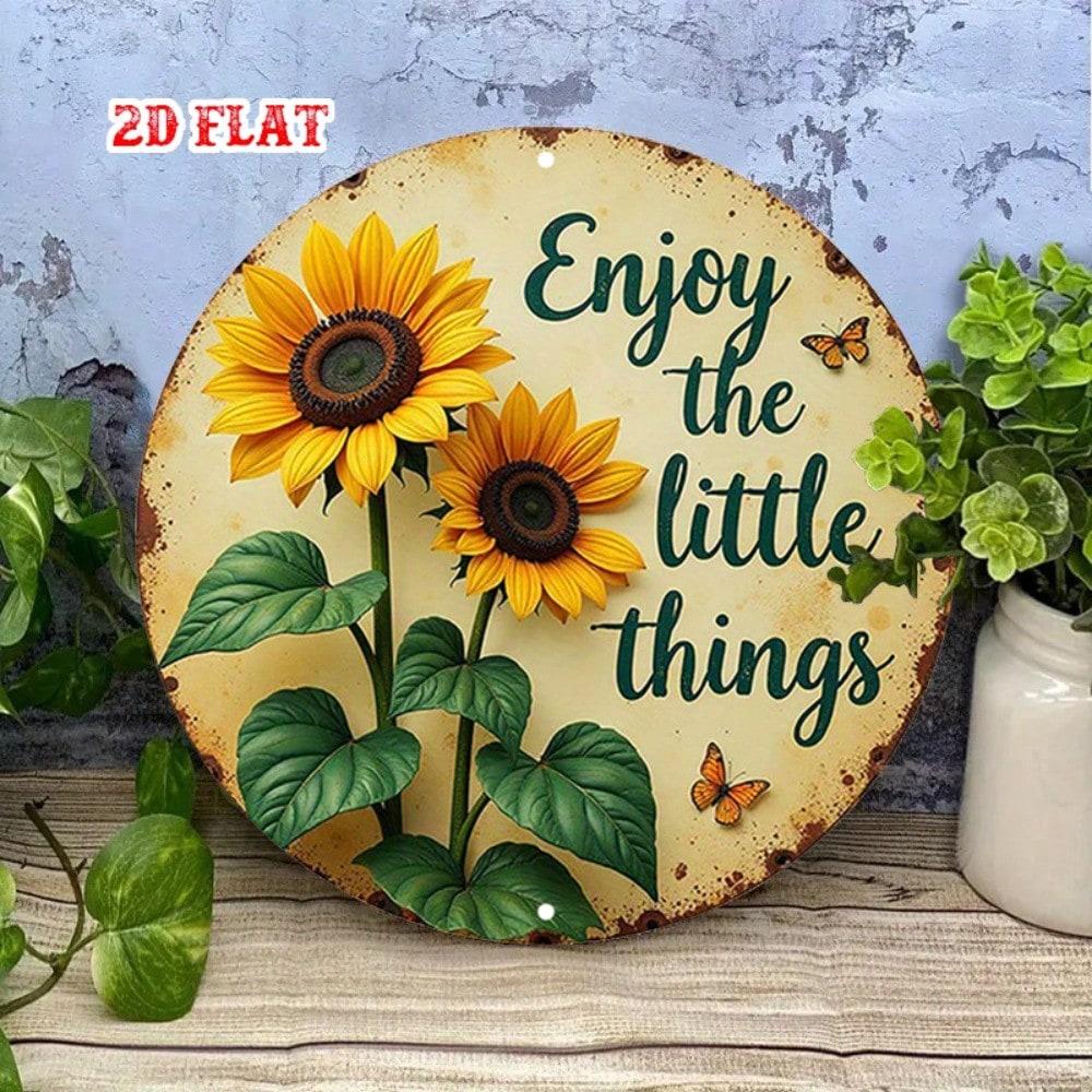 Vintage Sunflower Round Plaque With Butterflies Quote Aluminum Wall Art