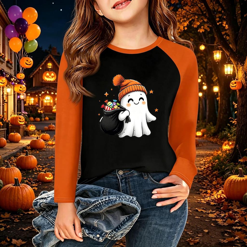 Kids' Halloween Printed Long Sleeve Neck T-Shirt for Casual Wear
