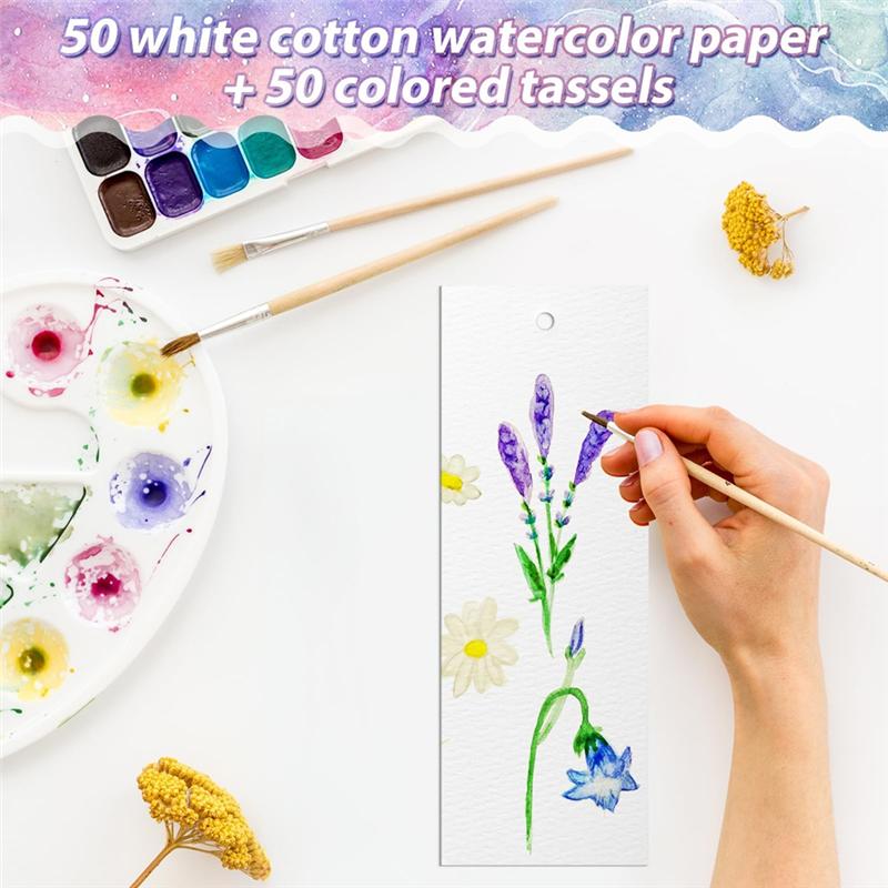 

ABJI-Watercolor Paper Blank Bookmark Pad With Colorful Tassels For DIY Book Marks, Classroom Activities And Gift Tags