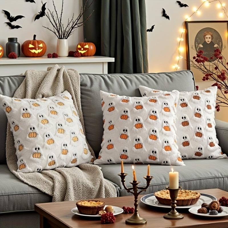 18×18in Quilted Ghost Pumpkin Plush Pillow Cover, Cute Cartoon Design for Halloween Home Decor. Pillow Insert Excluded.