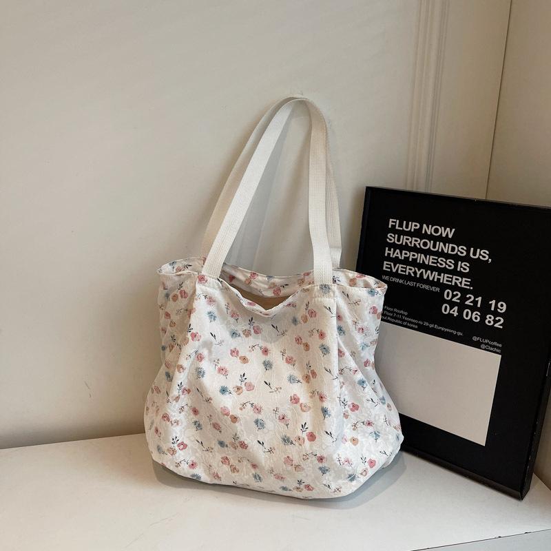 Tote Bag Large Capacity Lace Literary Plaid Floral Simple Women Portable Storage Bag Shoulder Bag