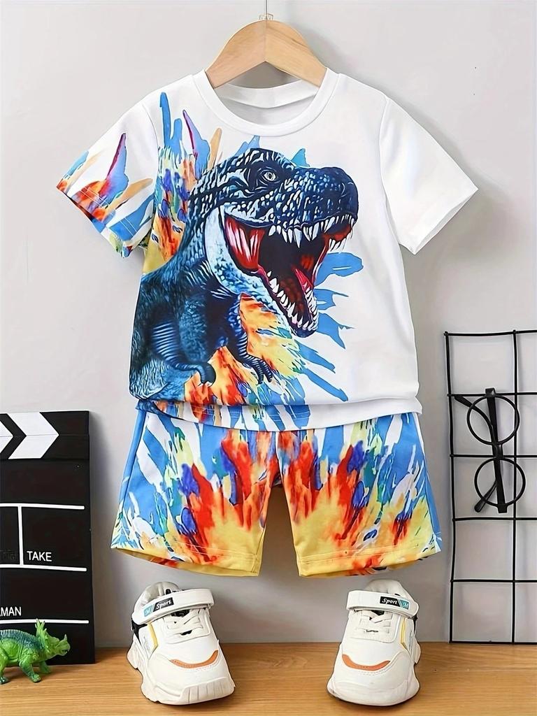 Summer Round Neck 3D Printed Dinosaur Pattern Set Fashionable and Casual Short Sleeved Shorts Children's Boy and Girl Unisex Clothing Set