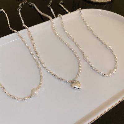 Luxe temperament parel kunstmatig gebroken zilver liefde ketting mode niche sleutelbeen ketting eenvoudig en veelzijdig item decoratie