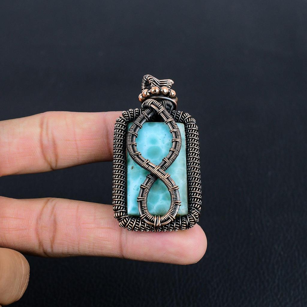 Larimar Pendant Gemstone Jewelry, 999 Copper Wire Wrapped Pendant, Handmade Jewelry Birthstone Pendant, Gift For Him