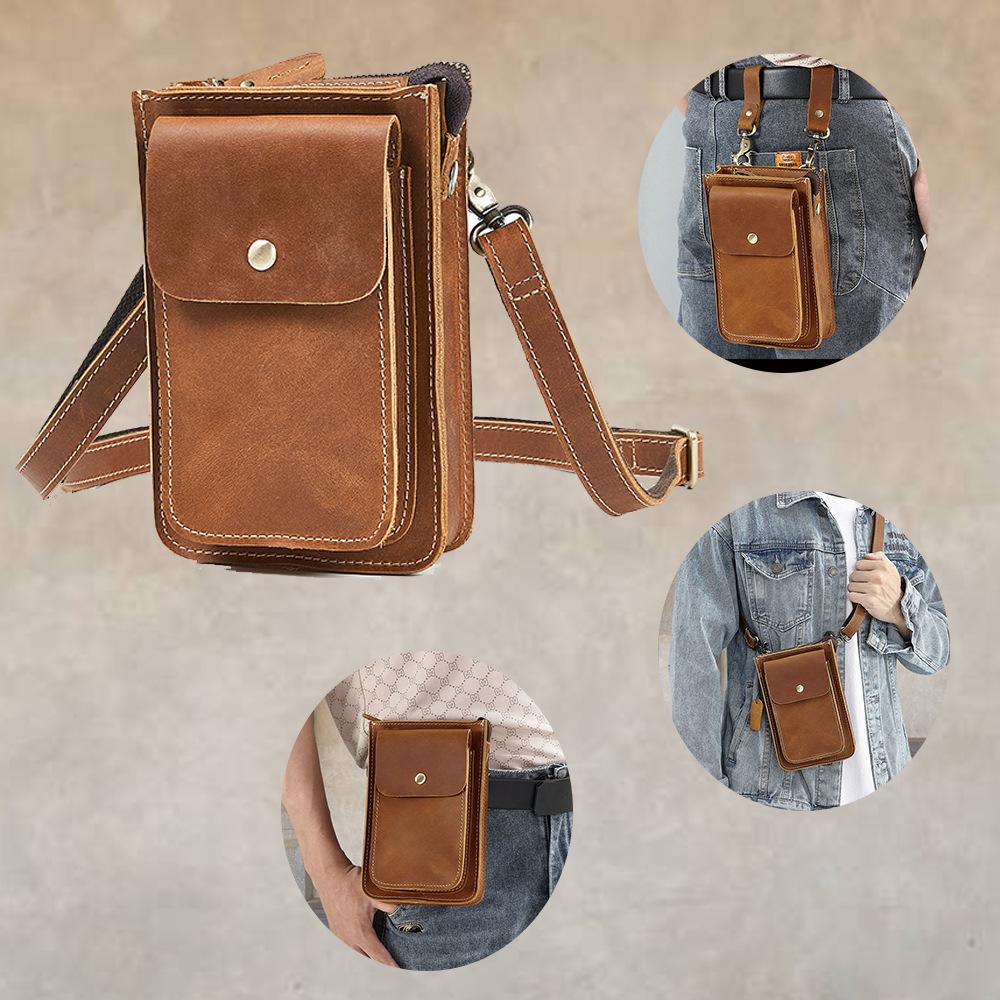 Head Layer Cowhide Phone Bag, Multifunctional Waist Bag, Genuine Leather Crossbody Bag, Shoulder Bag, Outdoor Belt Waist Bag