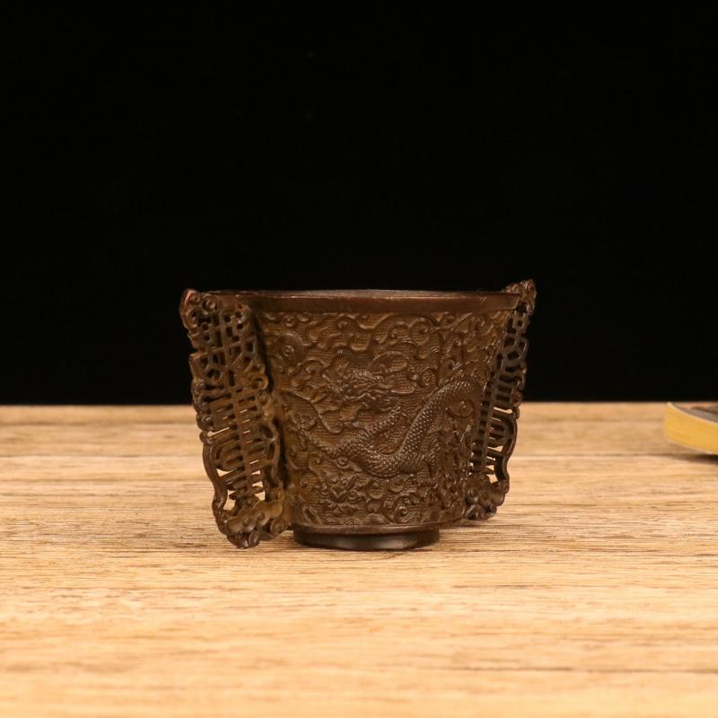 Old Chinese Dynasty Bronze Animal Loong Dragon Phoenix Bird Tea Cup Bowl