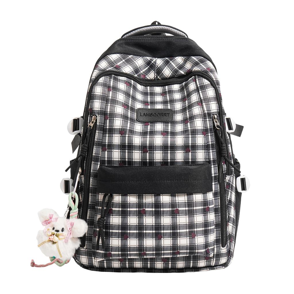 Schoolbag new high-value Japanese ins fresh and sweet plaid contrasting color splicing backpack junior high school students lightweight backpack