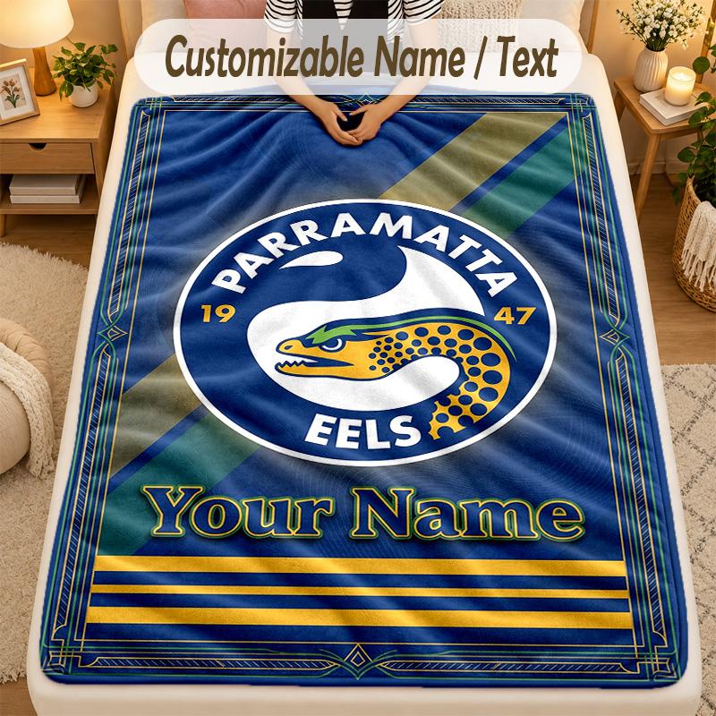 Flannel BlanketParramatta Eels Custom Name Text Personalized Soft Warm Throw Blanket Home Decor Gift