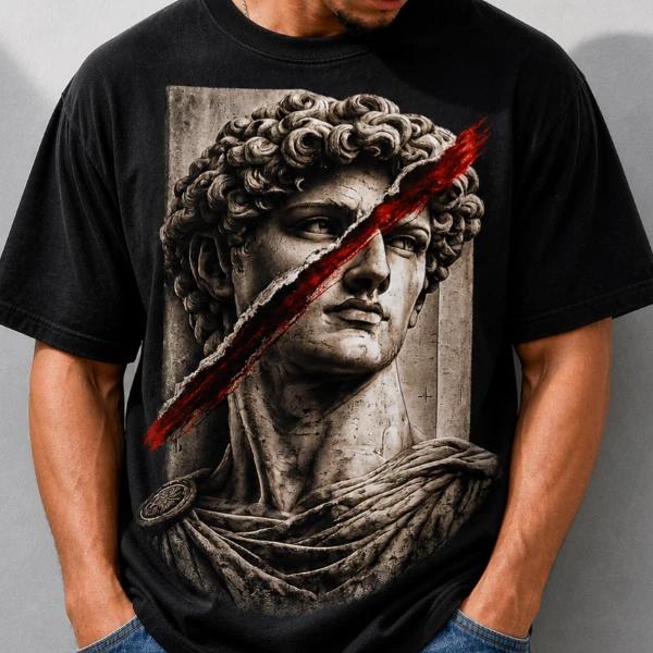 Michelangelo David Statue Graphic T-Shirt Mens Black Red Slash Streetwear Art L