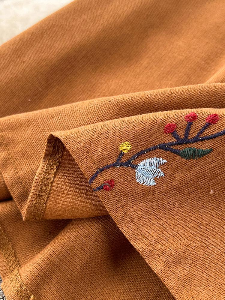 Damen Frühling Herbst Kleid Vintage Ethno Stil Laterne Langarm Bestickt Rundhals Slim A-Linie Baumwolle Leinen Kleid D4930