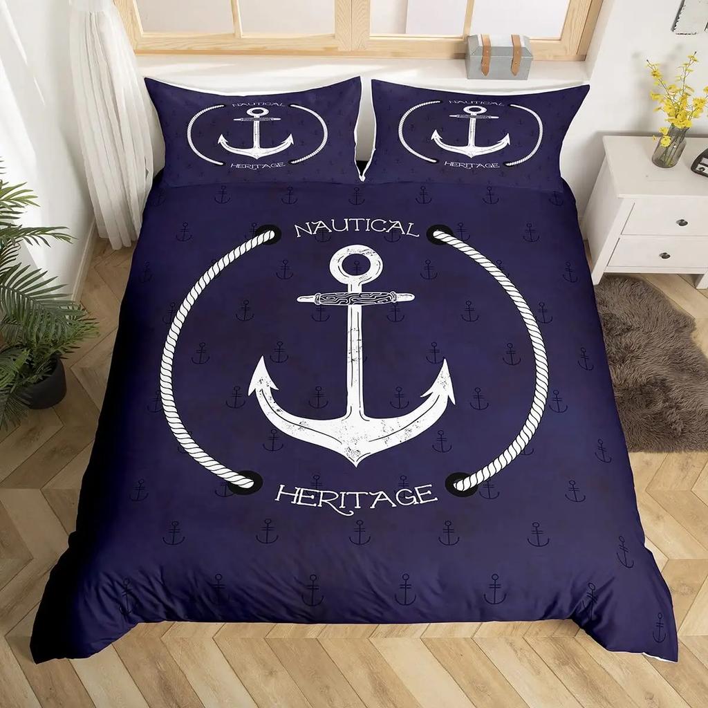 Nautical Anchor Pattern Duvet Cover Set King,Geometric Stripes Ocean Adventure Theme Quilt Navy Blue and Red Bedding Set 3pcs