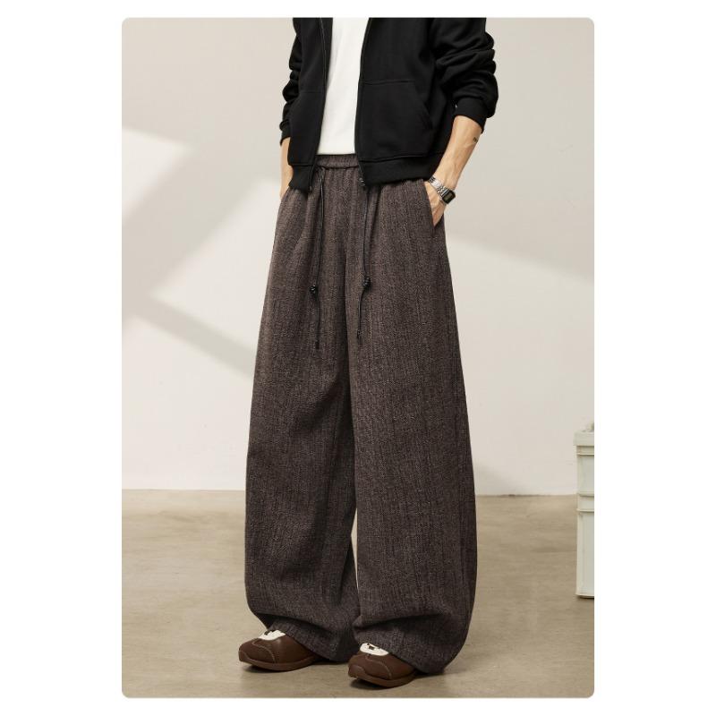 Mens Loose Retro Casual Drooping Straight Long Imitation Wool Trousers