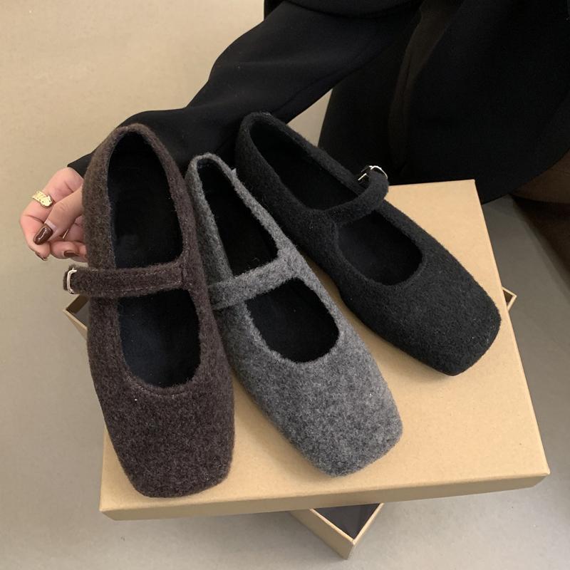 Fashion Fashion Square Toe Fleece Flet Ballet Flats Woman Winter Warm Wool Mary Jane Shoes Ladies Brand Design Elegant Plush Loafers