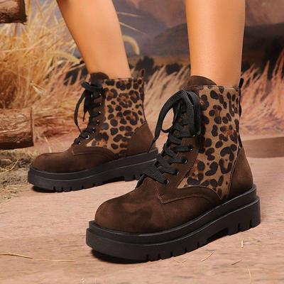 Fashionable Leopard Print Lace-Up Thick Sole Martin Boots for Women, European & American Style, Versatile for Spring & Autumn Season.
