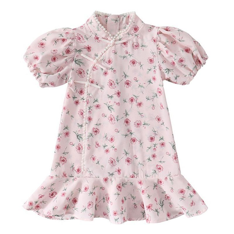 Girls Summer Vintage Cheongsam Dress Kids Chinese Princess Short Sleeve Cotton Linen Baby Girl Party Dress