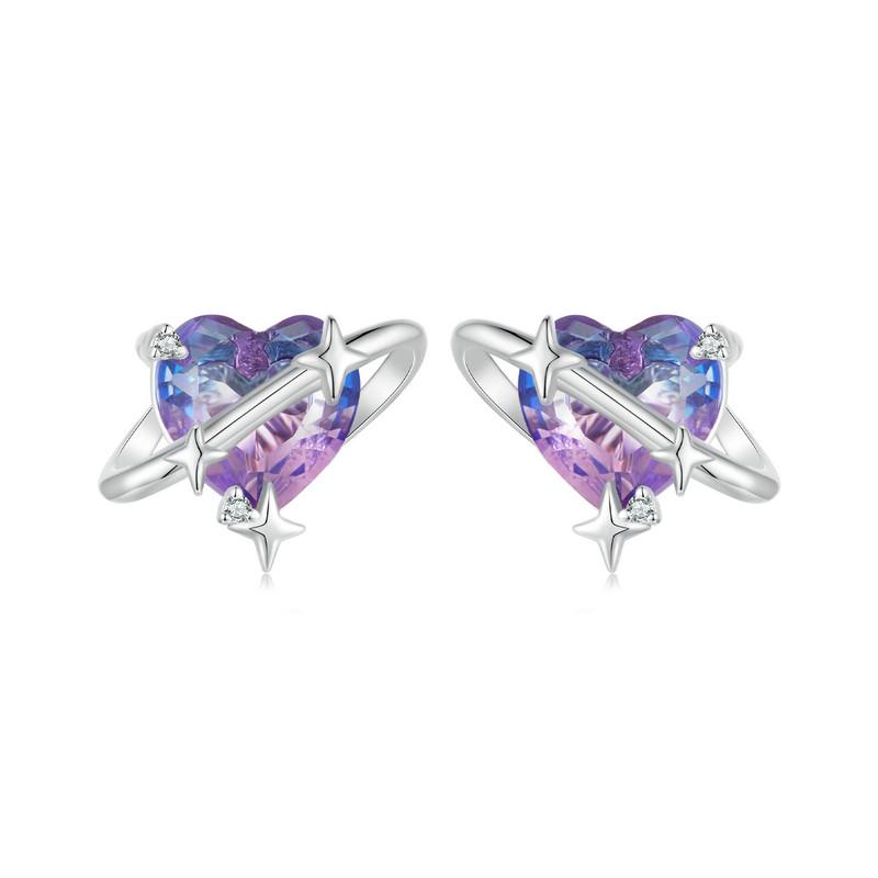 WOSTU 925 Sterling Silver Rainbow Planet Star Stud Earrings Colorful Purple Mystic Crystal Ear Studs Girl Daughter Birthday Gift