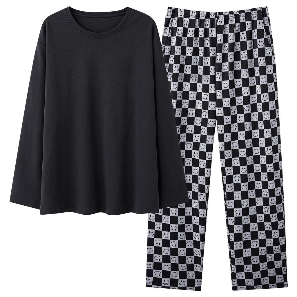 Herren Pyjama-Set aus reiner Baumwolle mit Karomuster – Langärmlig, Übergröße, Teenager-freundlich, Für drinnen oder draußen, Frühling/Herbst.