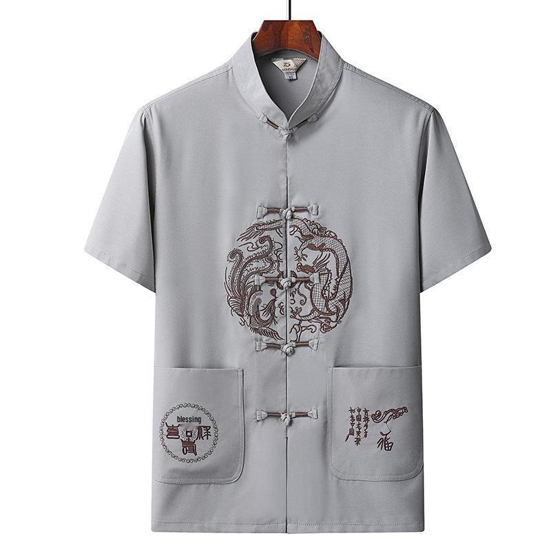Men's Summer Ice Silk Tang Suit: Thin Retro Hanfu Set with Frog Button Embroidery for Middle-Aged and Elderly.