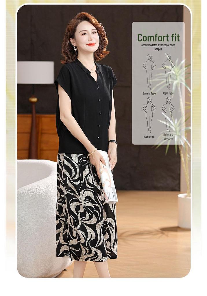 Elegant Summer Outfit Set for Women: Ice Silk Short-Sleeve Top with Skirt Pants - Perfect for Mid-Aged and Older Women