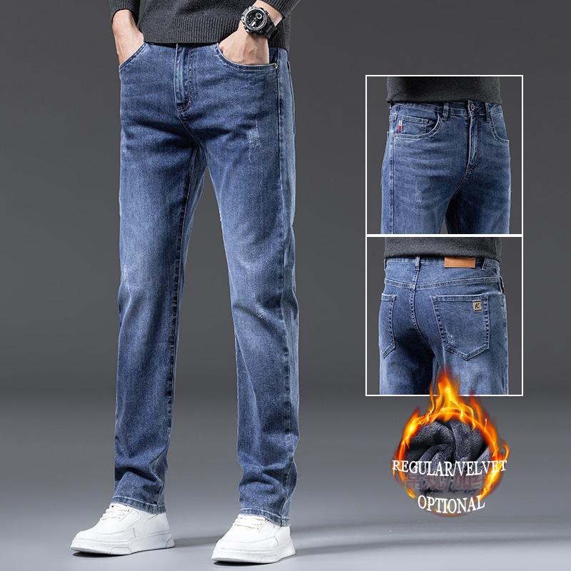 2024 Autumn And Winter New Style With Plush And Thickened Denim Straight Tube Slim Fit High-End Loose Casual Long Pants For Men