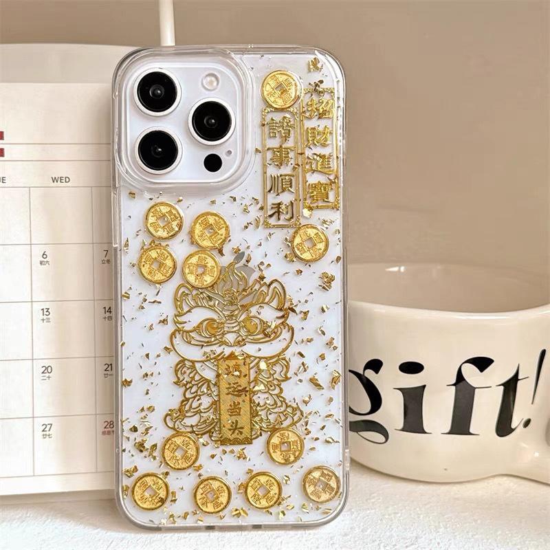 

New Year S Lion Awakening Luck Mobile Phone Case Is Suitable For Apple 17Promax Gold Leaf Iphone 16 Coin 15 Fortune iPhone 7/8/SE 2020