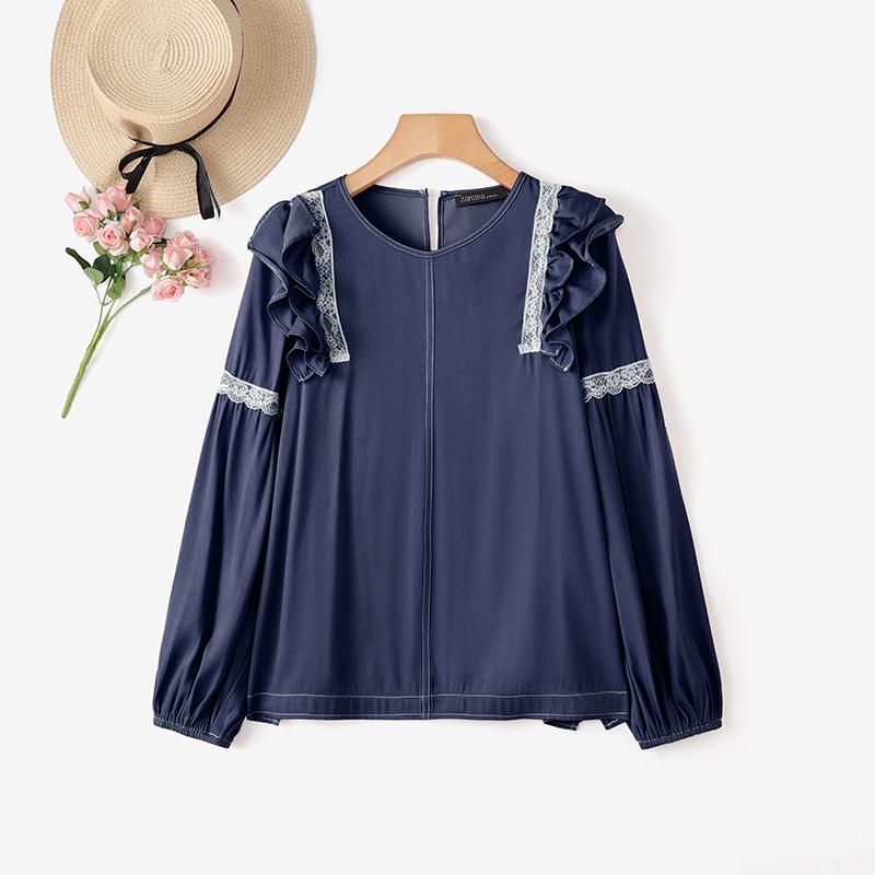 ZANZEA Bluză casual de damă cu gât rotund, mâneci lungi și inserții de dantelă