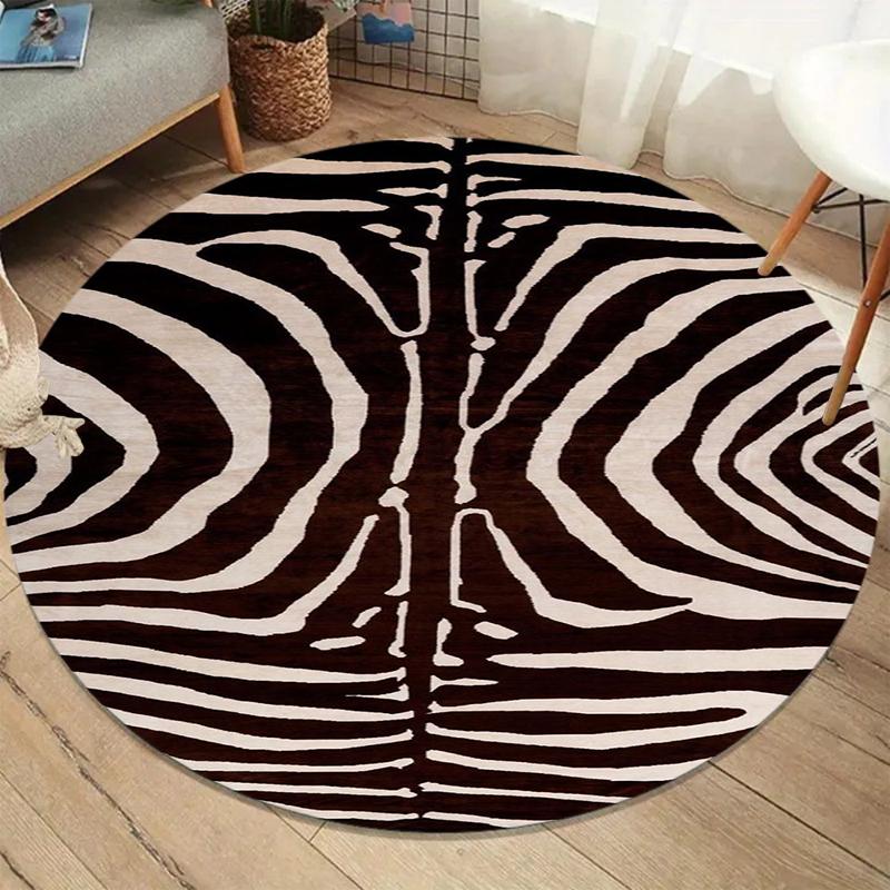 Zebra Print Round Carpet Symmetrical Black White Pattern Rug for Living Room Bedroom Non Slip Floor Mat Contemporary Home Decor