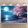 2D Spring Sakura Night View Background Cloth Moonlight Ocean Tapestry for Bedroom Decor