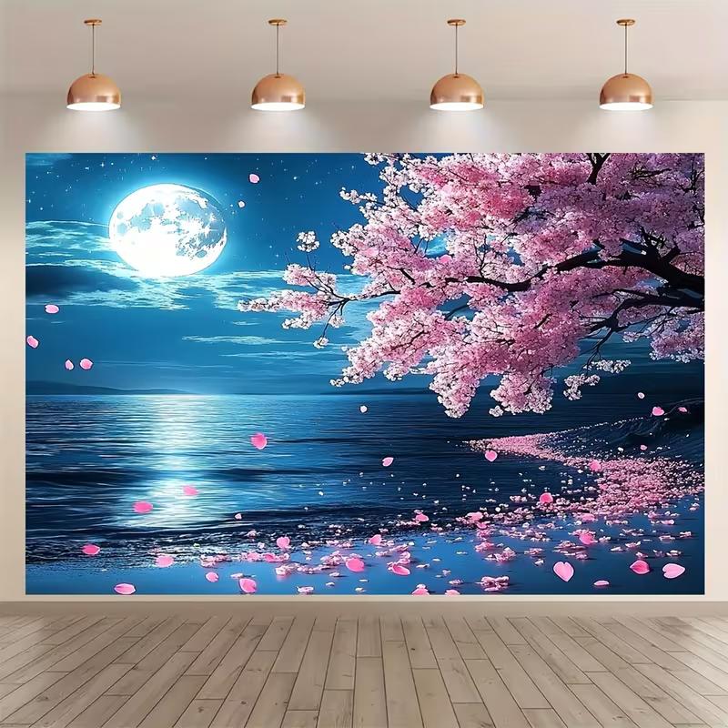 2D Spring Sakura Night View Background Cloth Moonlight Ocean Tapestry for Bedroom Decor