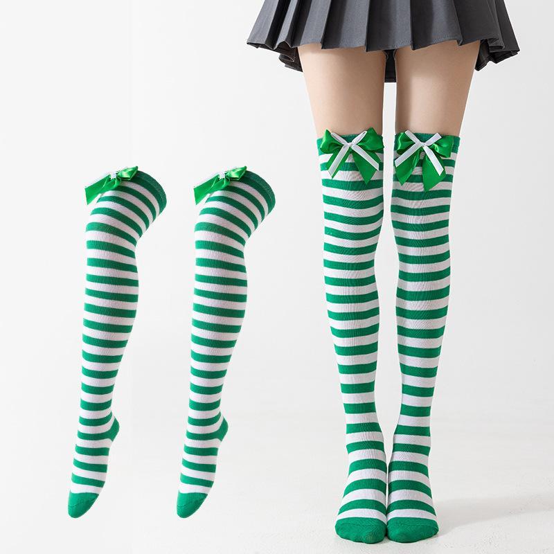 1 Pair Double Bow Decor Striped Over Knee High Socks Soft Skin-friendly for Girls Cosplay Halloween Costume Wear