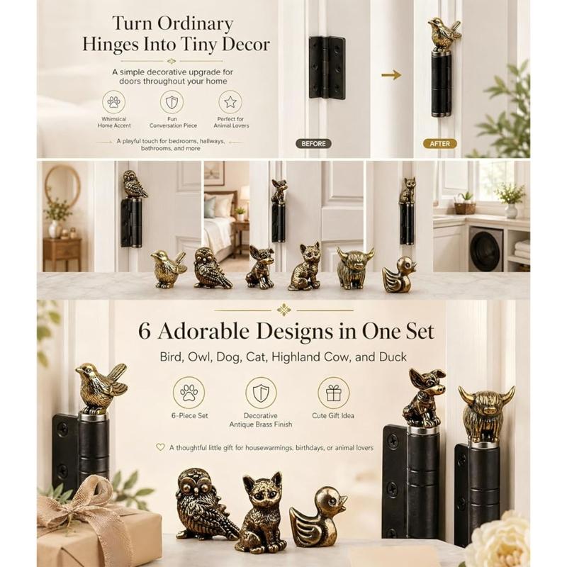 Pack of 6 Brasses Animal Hinge Toppers Decorations Handcrafted Miniature Sculptures Door Hinge Head for Home Bookshelf Display