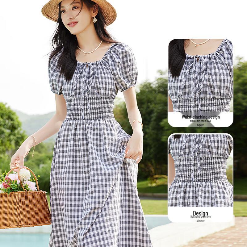 VICTORIA&VERA Women's Plaid Square Neck Puff Sleeve Midi Dress