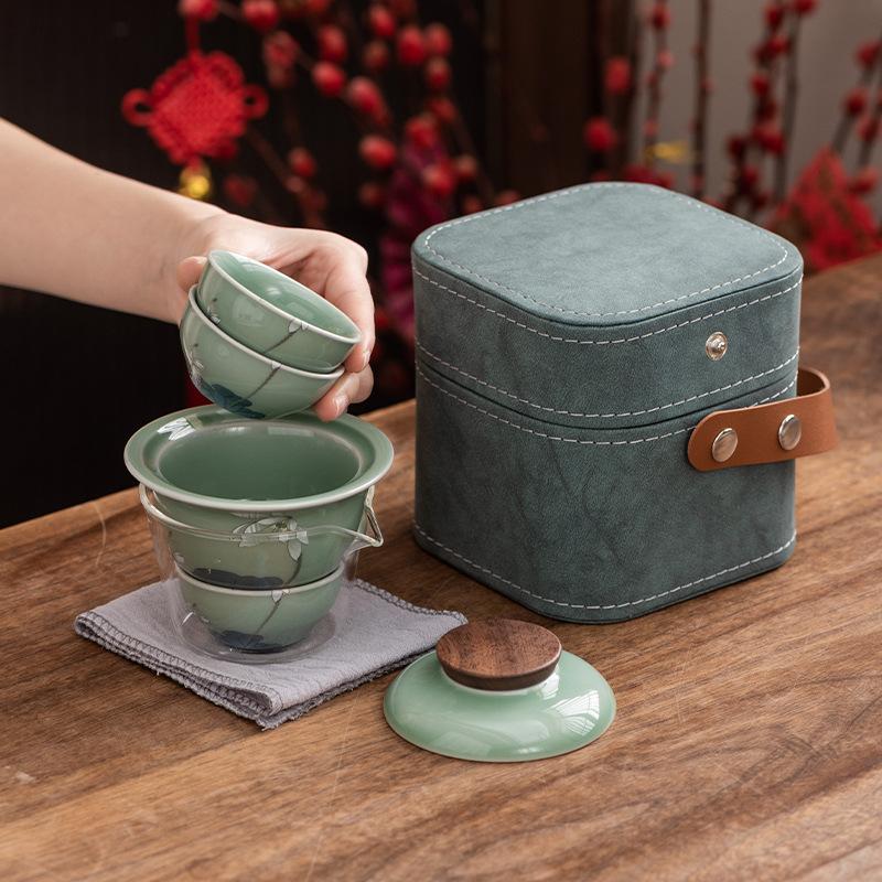 Celadon Travel Tea Set Portable Storage Outdoor One Pot Three Cups Car Tea Small Set Business Souvenir