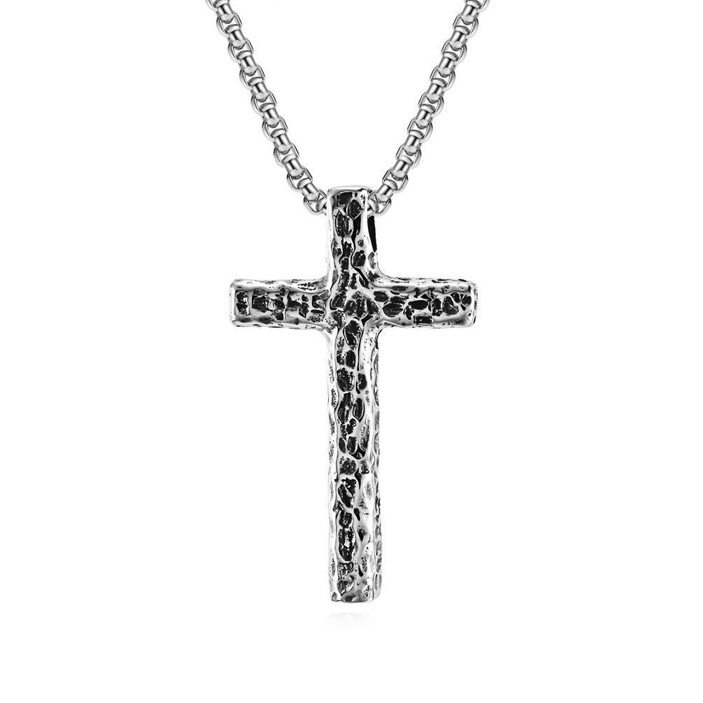 

Retro Sunken Hammered Pattern Titanium Steel Cross Necklace Niche Personality Men S Cross Pendant