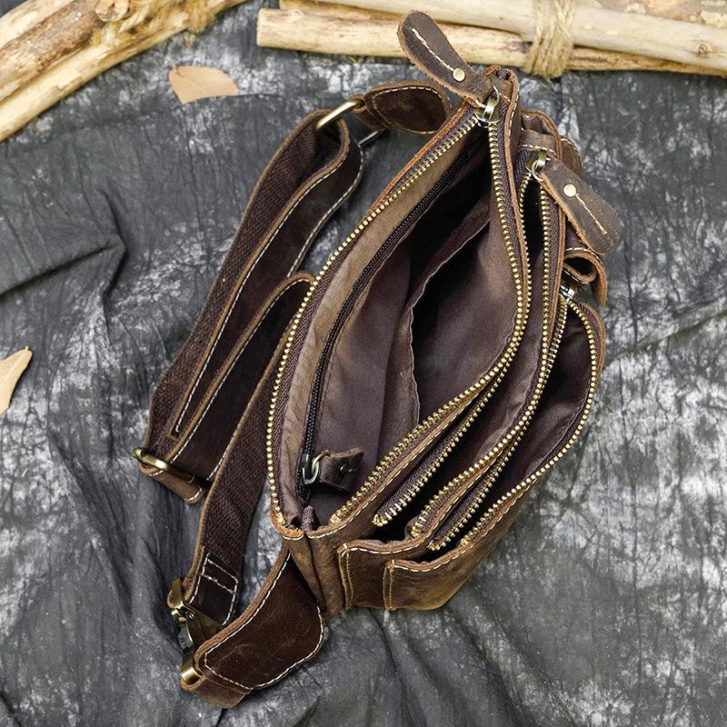 Retro Leather Waist Bag, Men's Crazy Horse Leather Chest Bag, Multifunctional Cowhide Crossbody Bag, Three-layer Cashier Bag