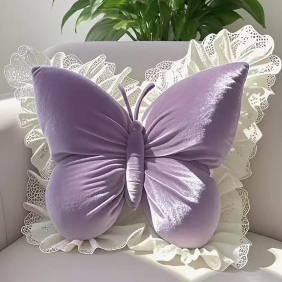 Butterfly Throw Pillow Plush Butterfly Shaped Pillow with Lace Edge Decorative Cute Stuffed Hugging