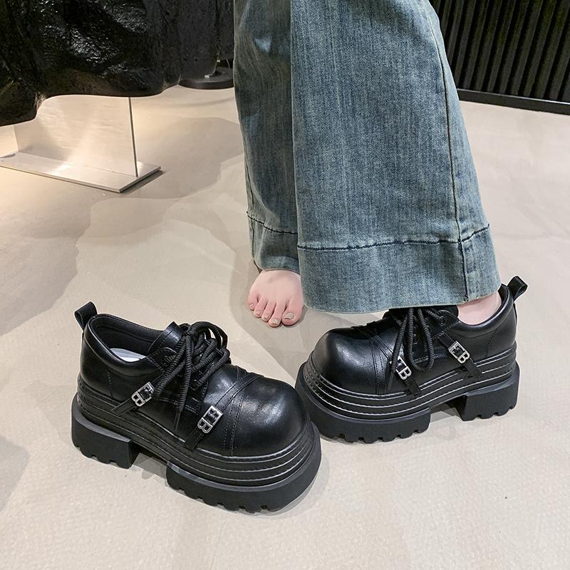 Fashion 8CM Women Leather Platform Sneakers Spring Ladies Wedge Heels Chunky Shoes Pumps Woman Lace-Up Thick Sole Casual Walking Shoes
