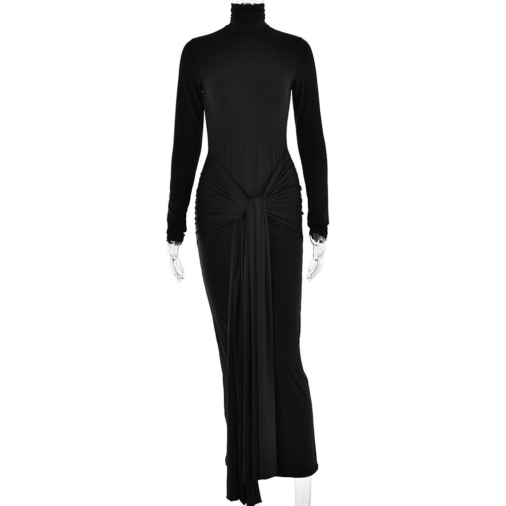 Women's Turtleneck Long Sleeve Maxi Dress Slim High Waist Sexy Solid Tie Front Fall Dress