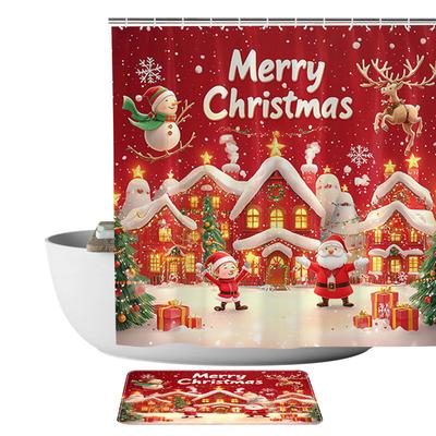 4Pcs Christmas Shower Curtain Set with Rug Toilet Lid Cover Bath Mat Bathroom Decoration Set Non-Slip Funny Shower Curtain Set