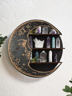 3-tier Black Moon Round Wooden Storage Rack Crystal Shelf Display Modern Home Decoration Essential Oil Rack Floating Wall Shelf