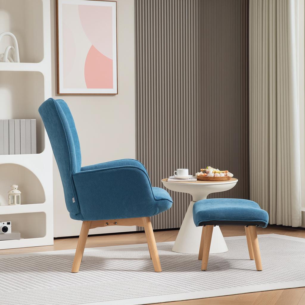 Accent Chair With Ottoman Relax Chair In Corduroy Look Armchair With Wooden Legs For Living Room Blue