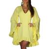 Women V Neck Flared Long Sleeve Mini Dress Solid Color Irregular Ruffle Hem Solid Color Casual Short Vacation Dress