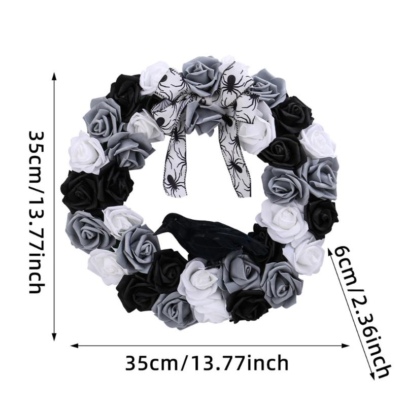 Black and White Rose Crow Front Door Wreath Halloween Decorative Wreath For Home Party Festival Porch Decoration