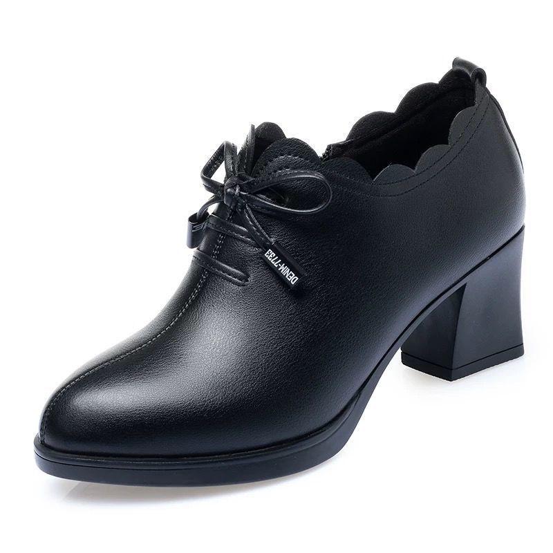 Spring 2023 Leather Bow Mid-Heel Shoes for Women