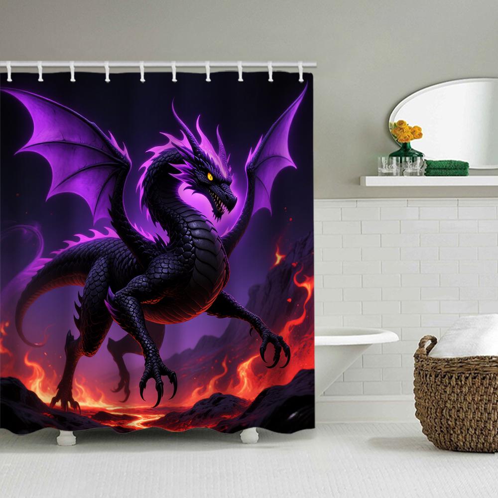 1/4 Duschvorhänge mit doppeltem Drachenkopf-Druck, Toilettensitzdekoration, Duschvorhang mit Teppich und Toilettendeckel, 70,8x70,8 Zoll