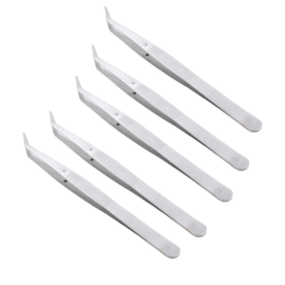 5 Stück Edelstahl gebogene Pinzette Präzisionsspitzen Gebogene gezahnte Spitze Nähmaschinenzange Rändelgriffe Mit Zähnen